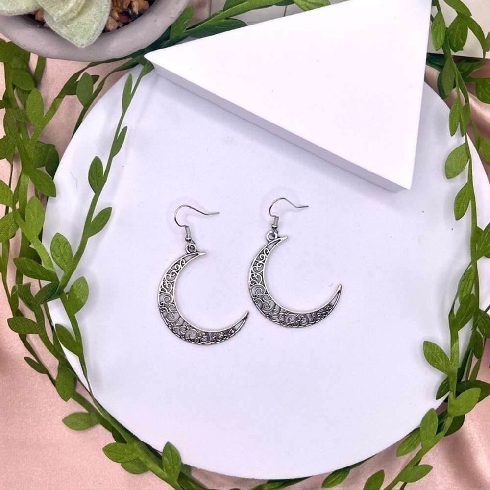 Silver Antique Crescent Moon Fashion Earrings - Picture 8 of 14